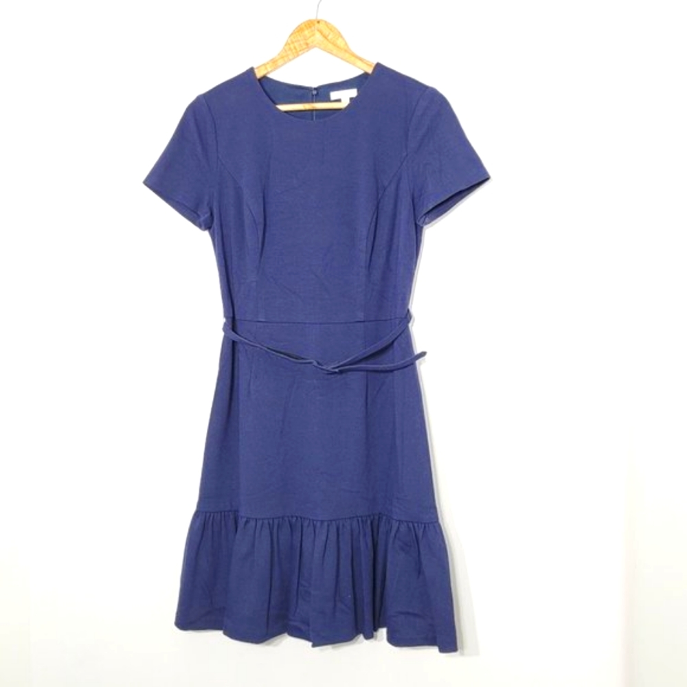 Shoshanna Navy Blue A-Line Short Sleeve Dress Belted Ruffle Business Causal Sz 8